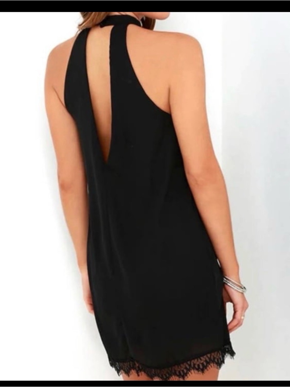 Lulus Black Lace Trim Mini Dress With Halter Neck and Low Back XS Formal Dance